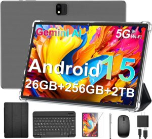 Android Tablet with Keyboard, 2026 Android 15 Tablet 10 inch, 26GB+256GB+2TB Expand, Electronic Tablet PC with Gemini, 8-Core, 8000mAh, 5G WiFi, GMS, 2 in 1 Tablet with Case/Mouse/Stylus(Green Case)